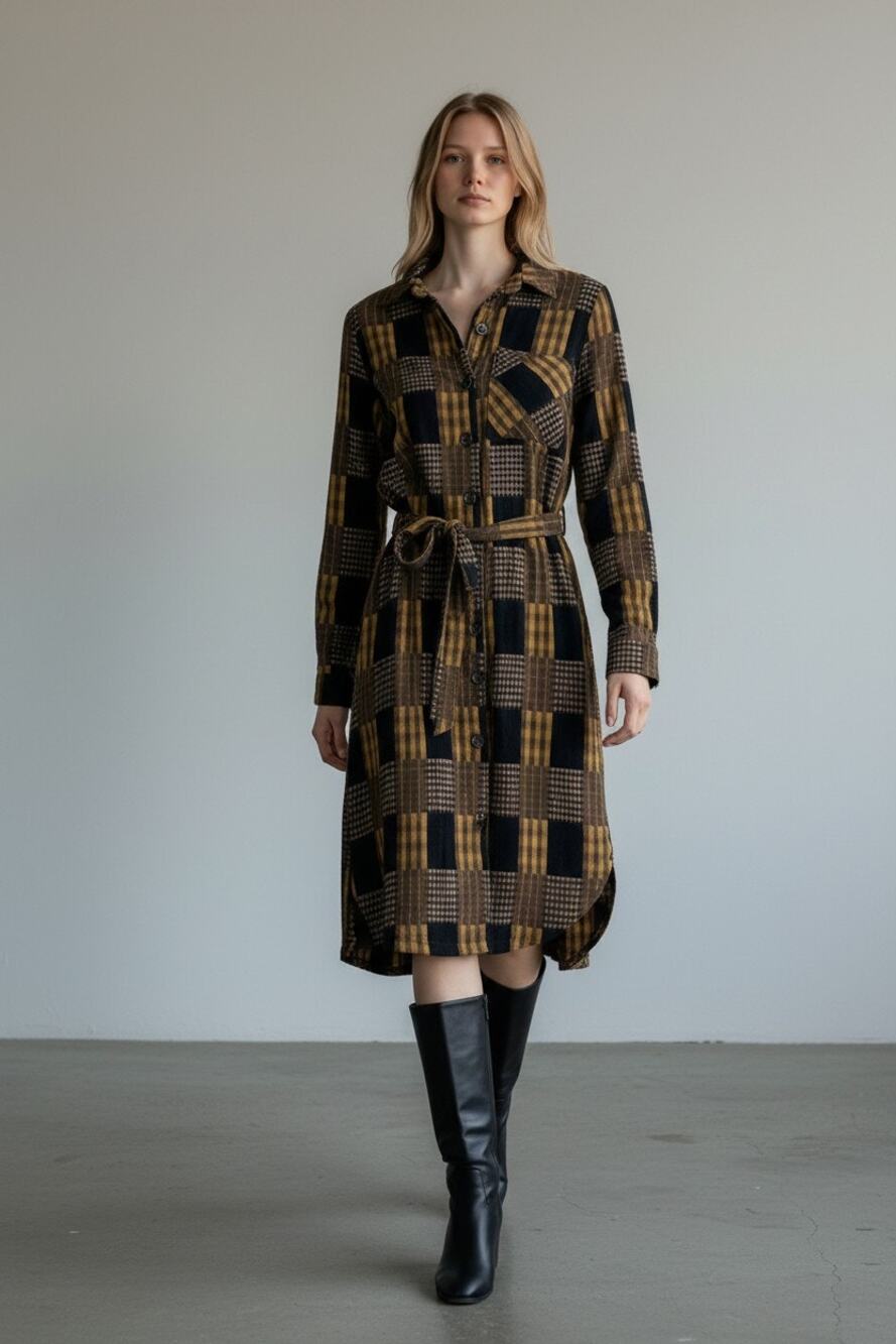 NWT S Mystree long-sleeve button-down plaid patchwork shirt dress Flannel
